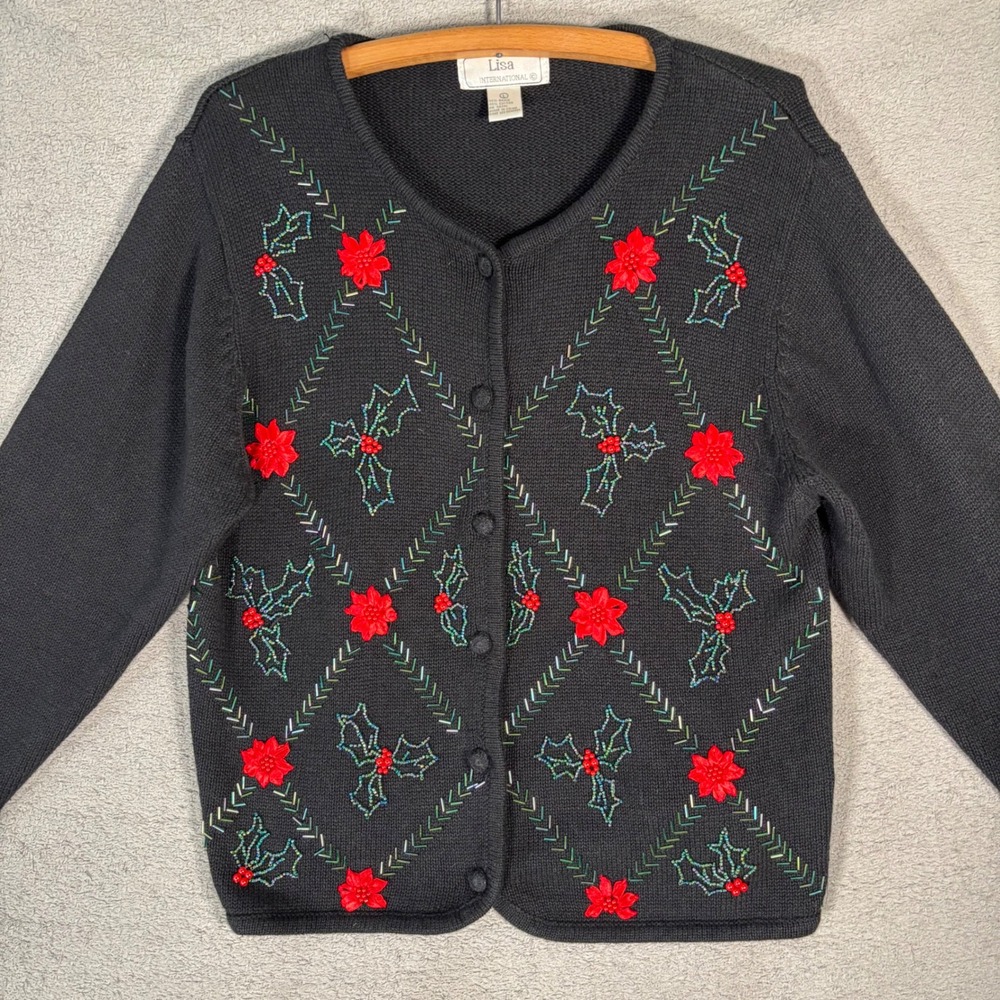 Lisa International Cardigan Sweater L‎ Beaded Poinsettia Holly Christmas Holiday